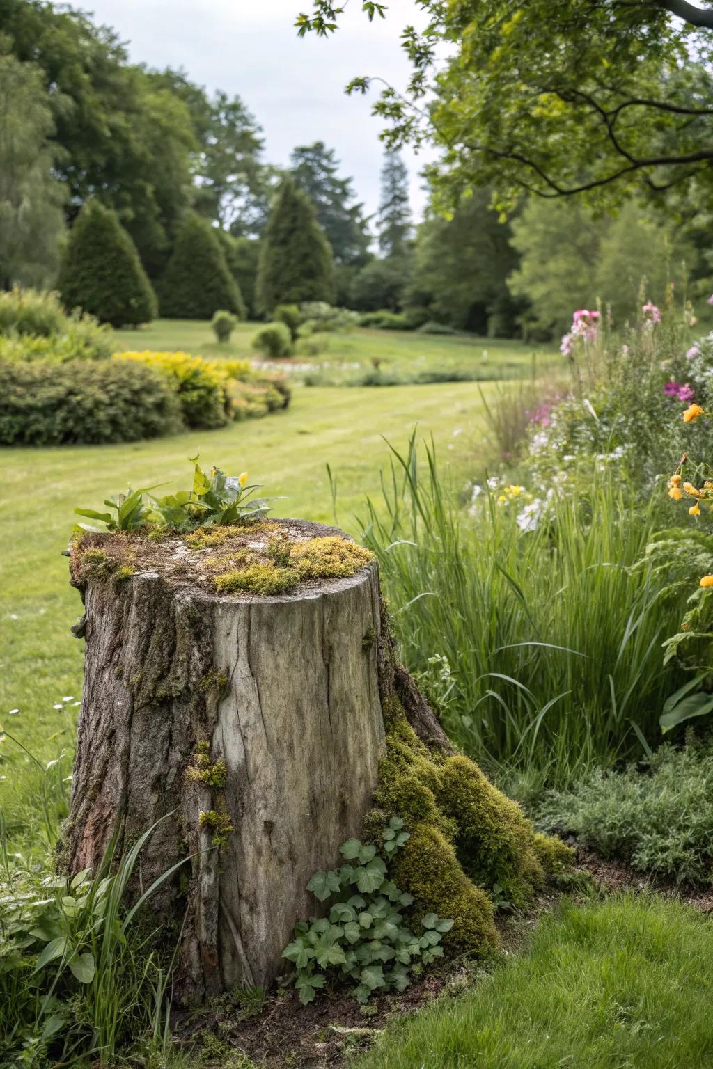 A simple stump becomes a focal point, celebrating nature's artistry.