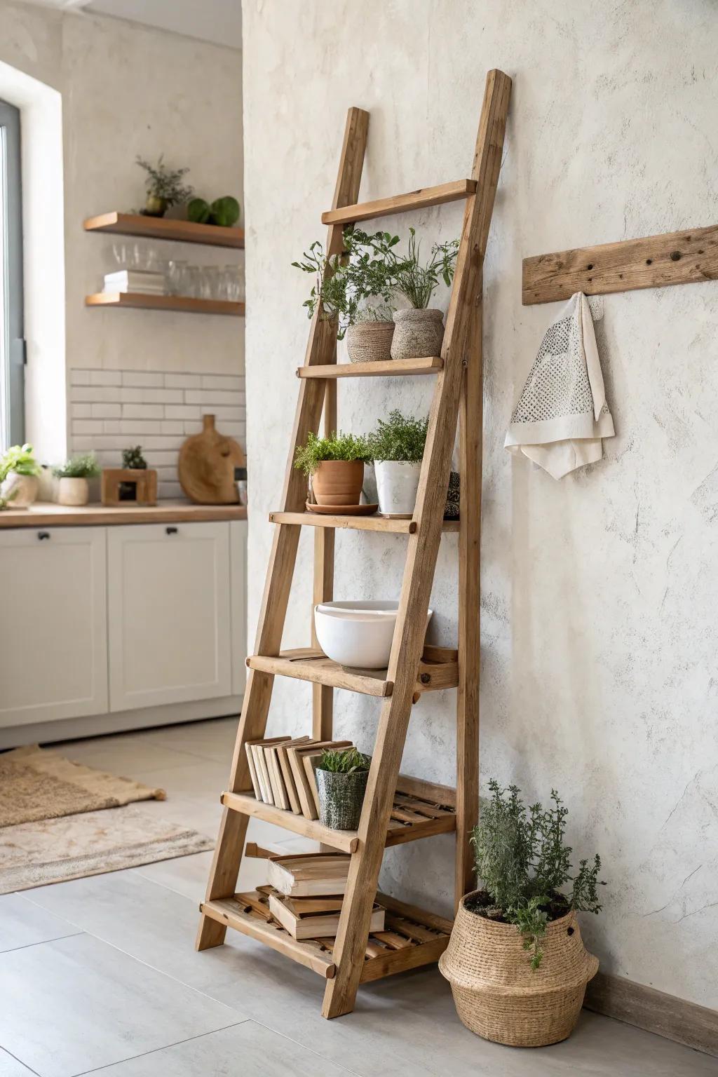 Elevate your kitchen's charm with a pallet ladder shelf—a perfect blend of style and functionality for small spaces.