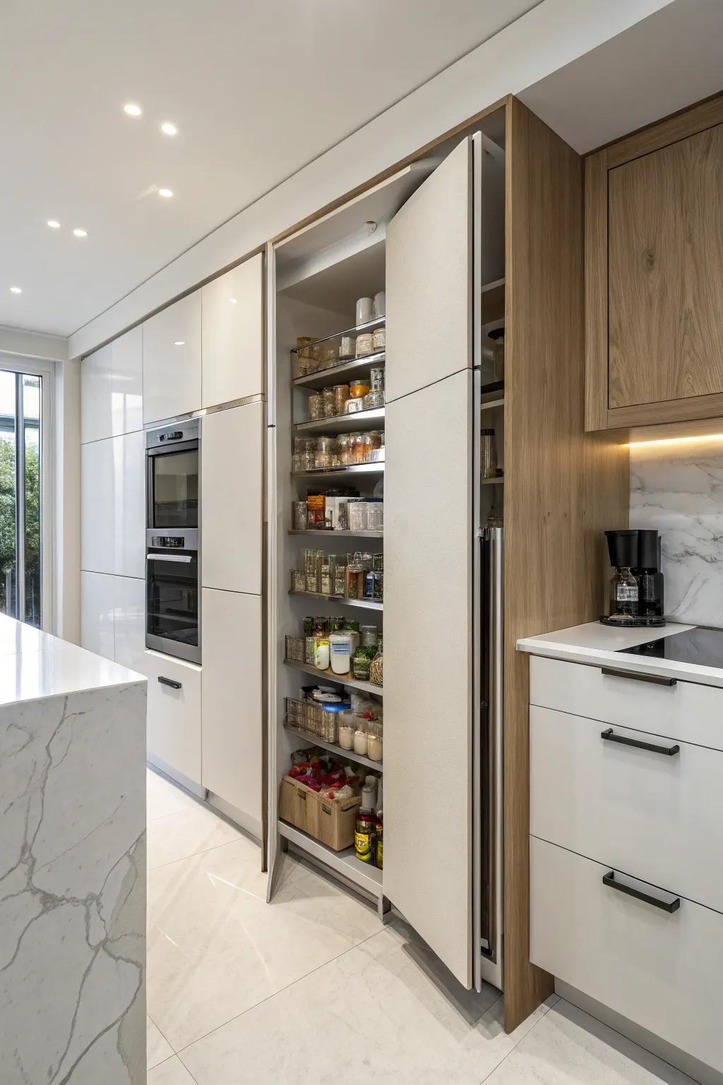 A hidden pantry keeps your kitchen looking sleek and organized.