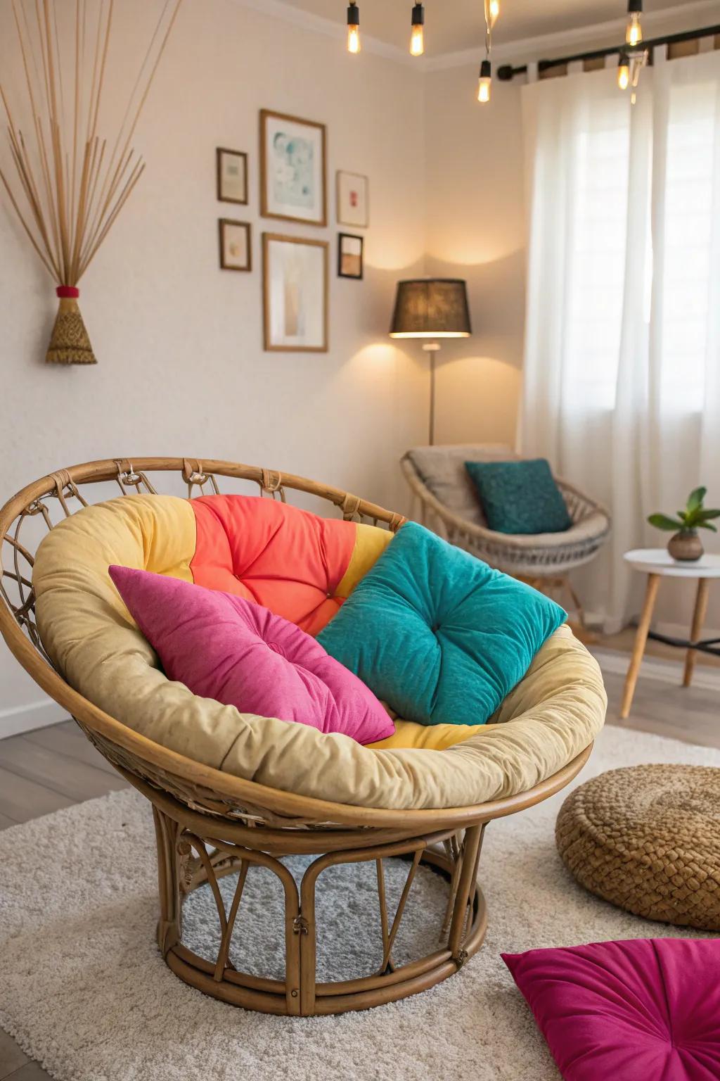 Colorful cushions transform the papasan chair into a statement piece.