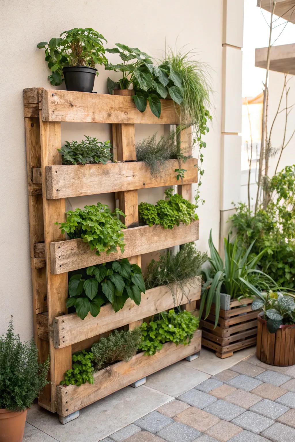 Transform small spaces with a touch of green elegance: a vertical garden made from reclaimed pallets.