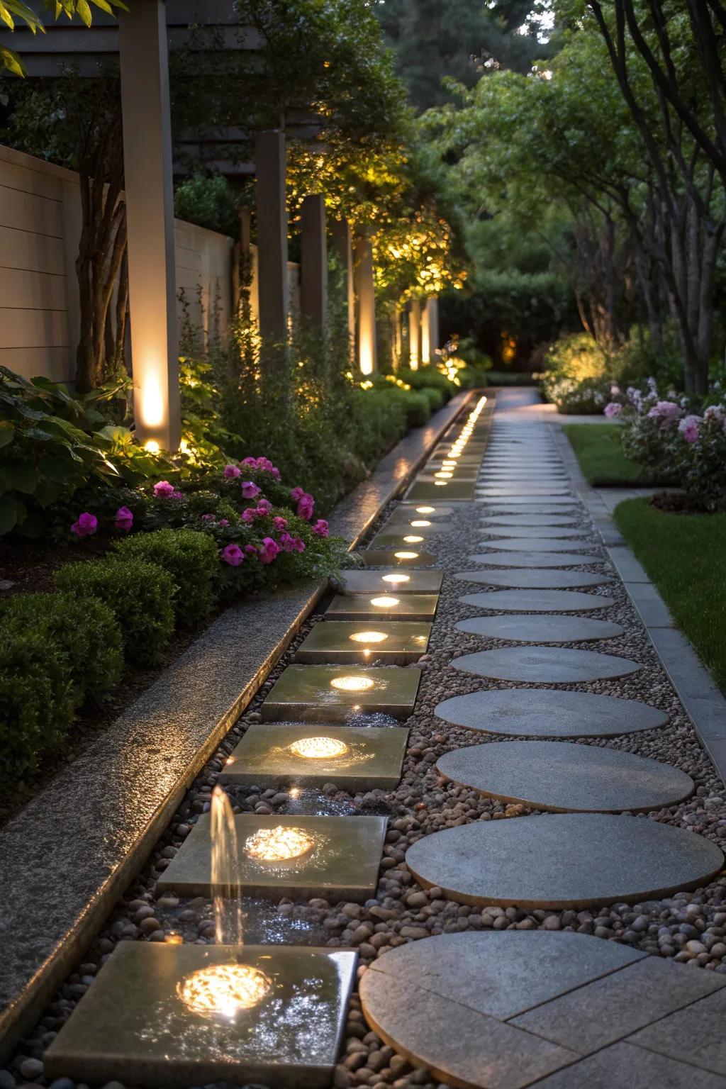 Reflective surfaces enhance and amplify pathway lighting.