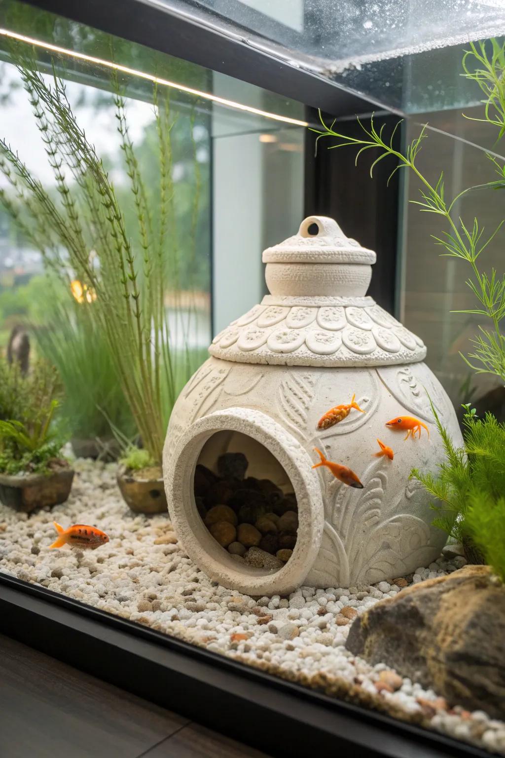 Discover tranquility with our handcrafted ceramic aquatic cave for your goldfish tank—where elegance meets simplicity.