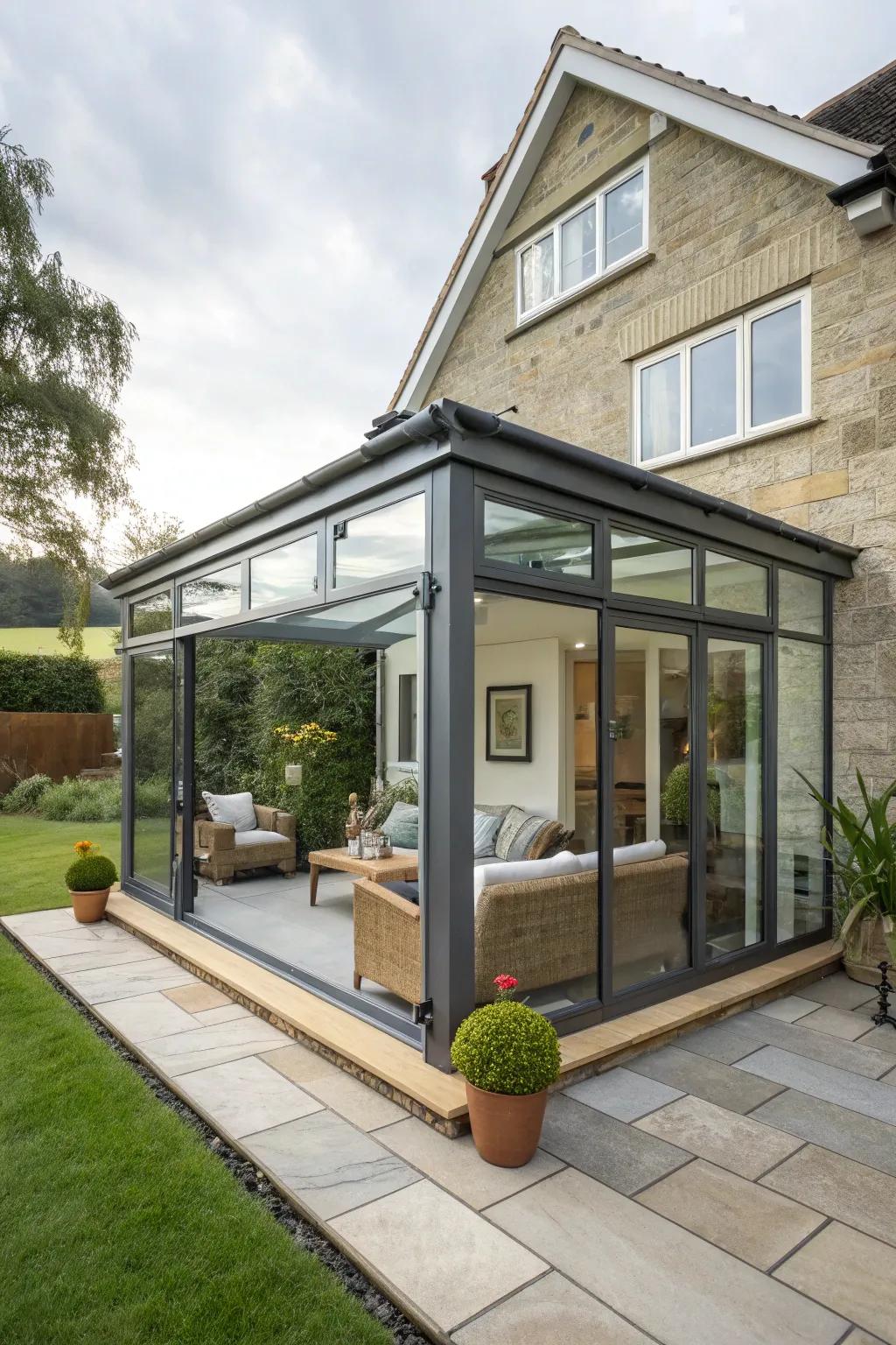 A porch extension with innovative glass walls.