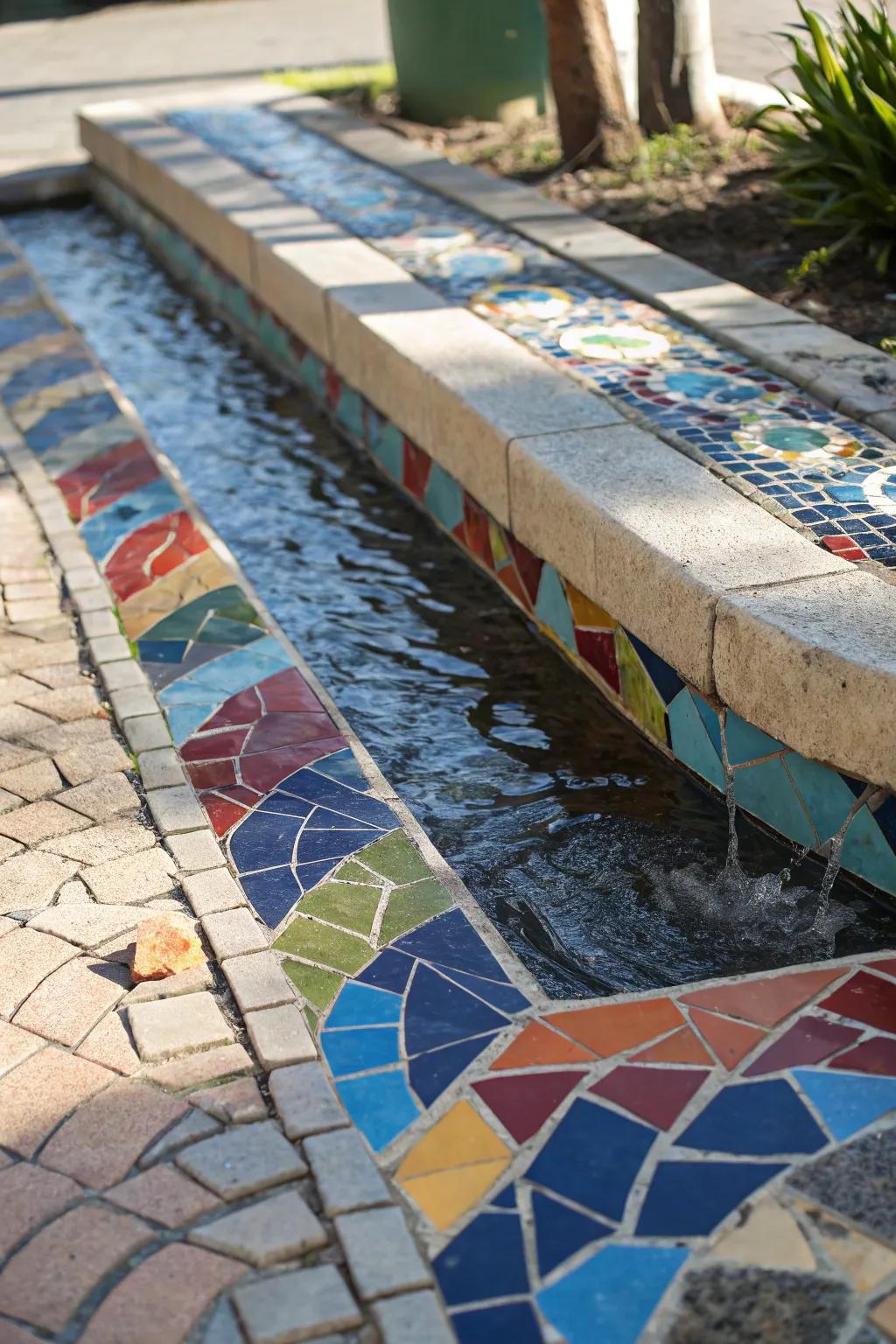 Transform your garden with a mosaic rainwater collection system that combines functionality with artistry.
