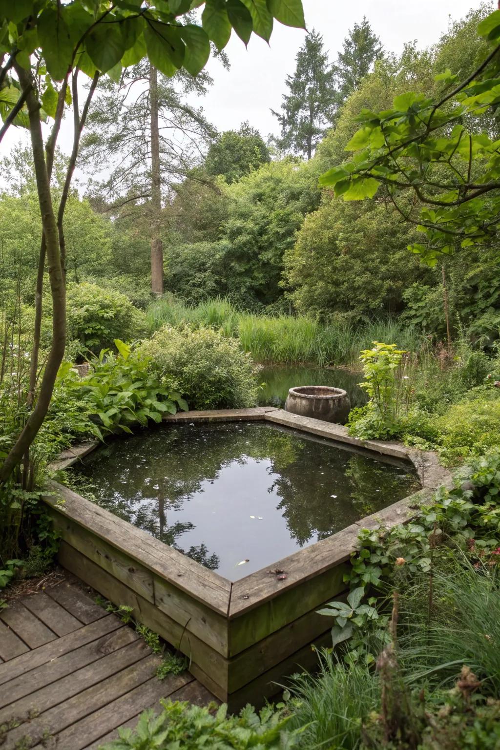 Find peace in a hidden garden retreat featuring a secluded pond.