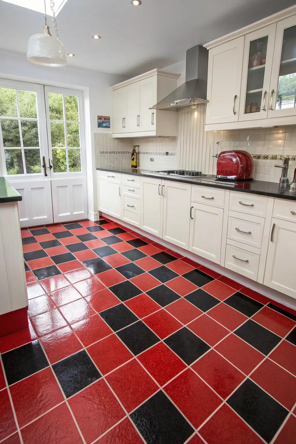 A kitchen with a stunning two-color red and black tile combination.