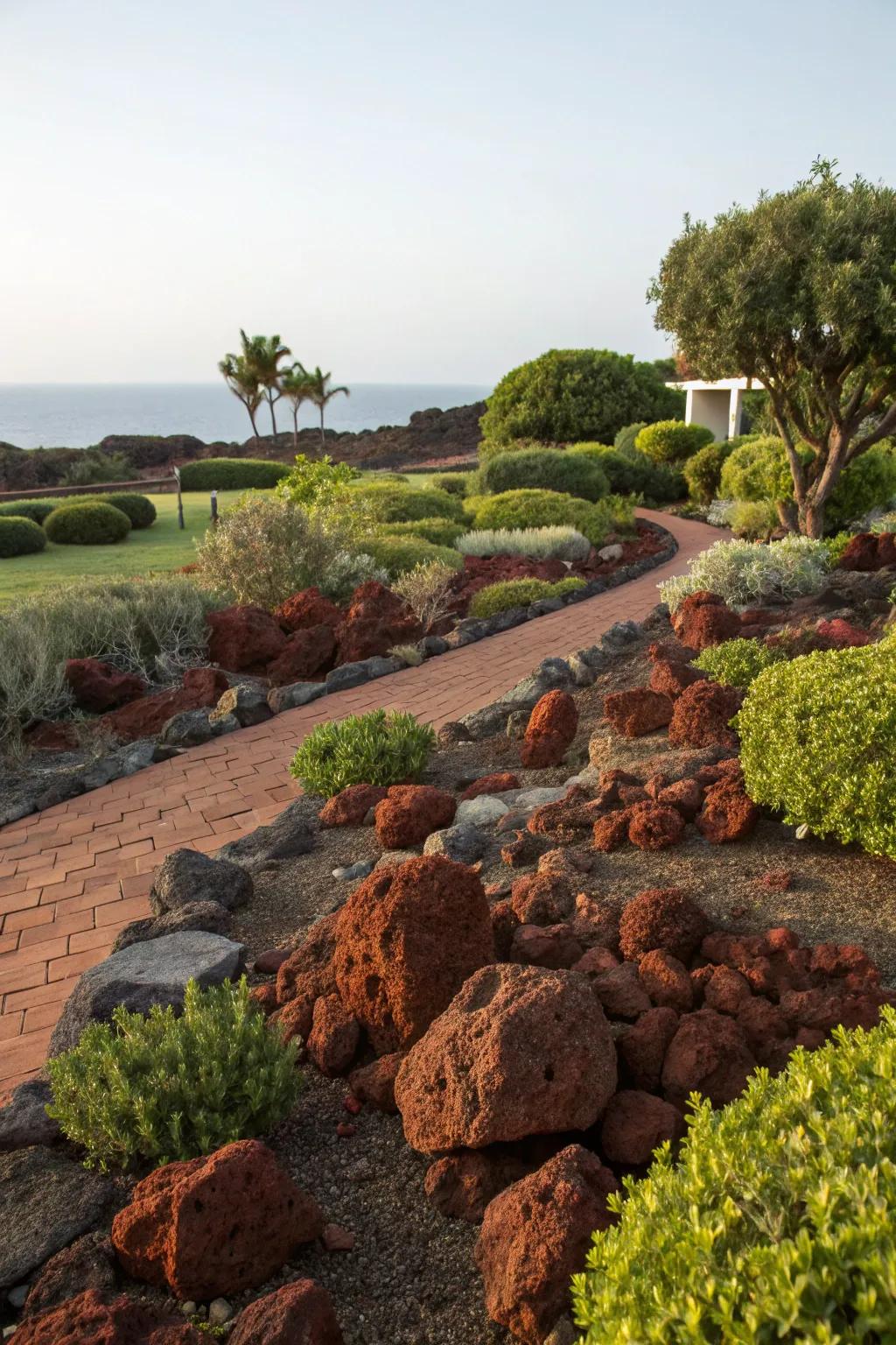 Red lava rocks serve as a beautiful and practical alternative to grass.