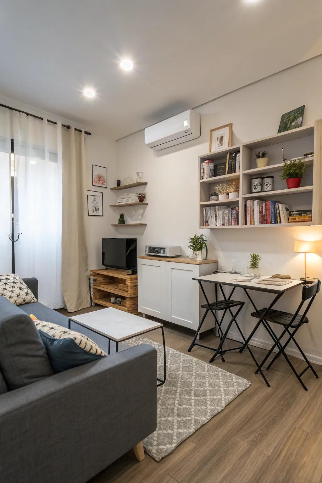 A small but mighty living area that’s rocking some space-saving furniture.