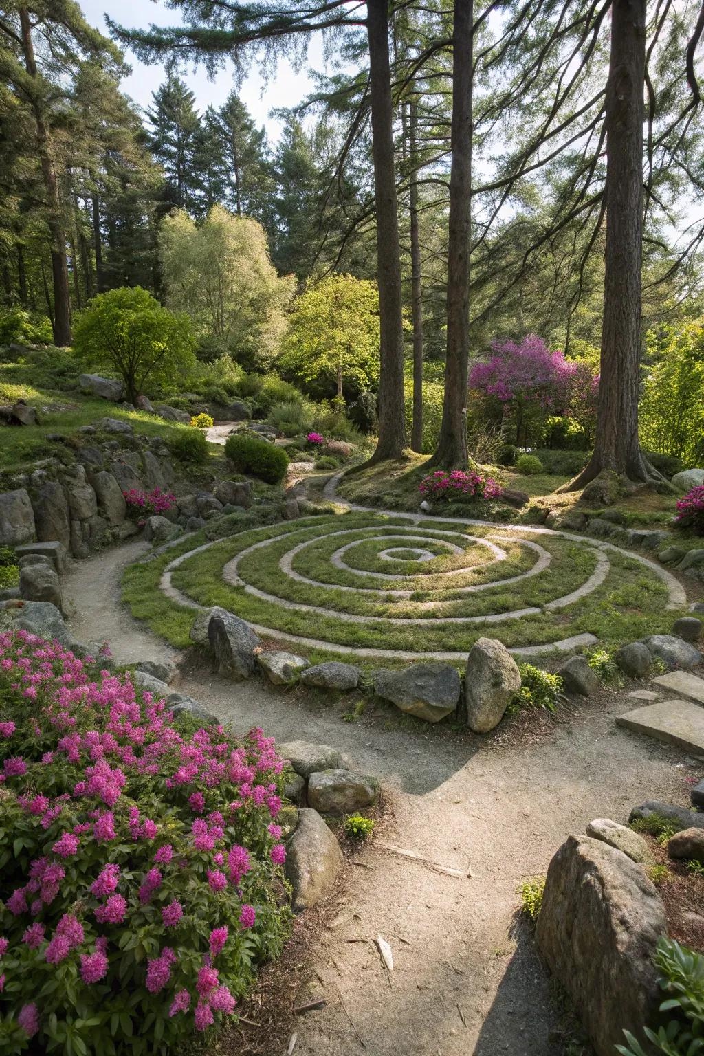 A rock maze contributes charm and intrigue to this garden landscape.