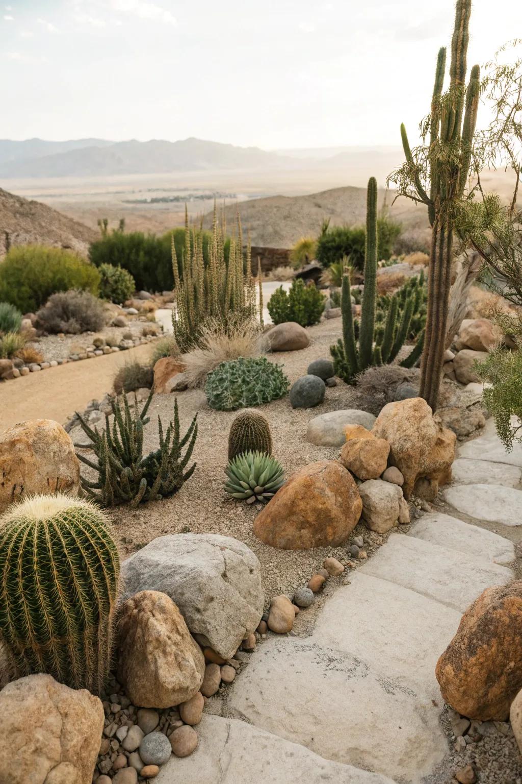 Desert-themed gardens provide a unique, low-water scenery.