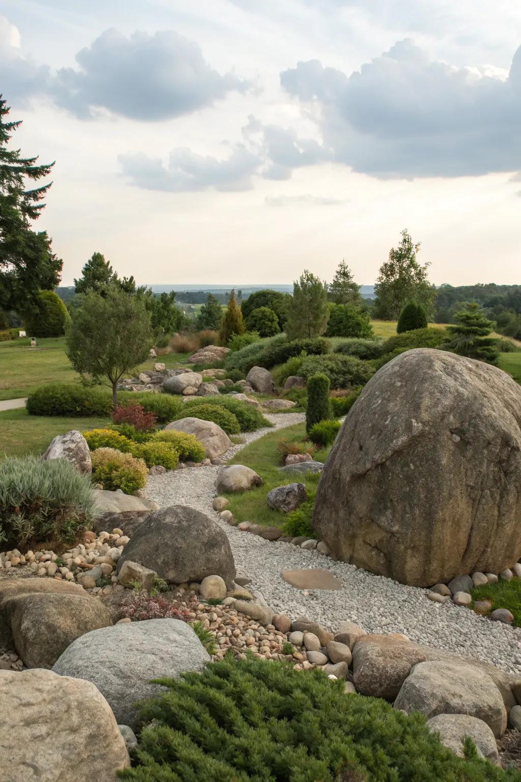 Boulders and other large stones that act as the focal point of the rock garden.