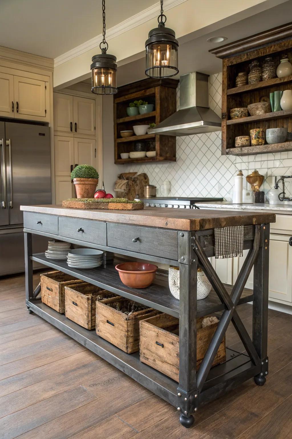 A farmhouse-style cooking space hub merging industrial components with country design.