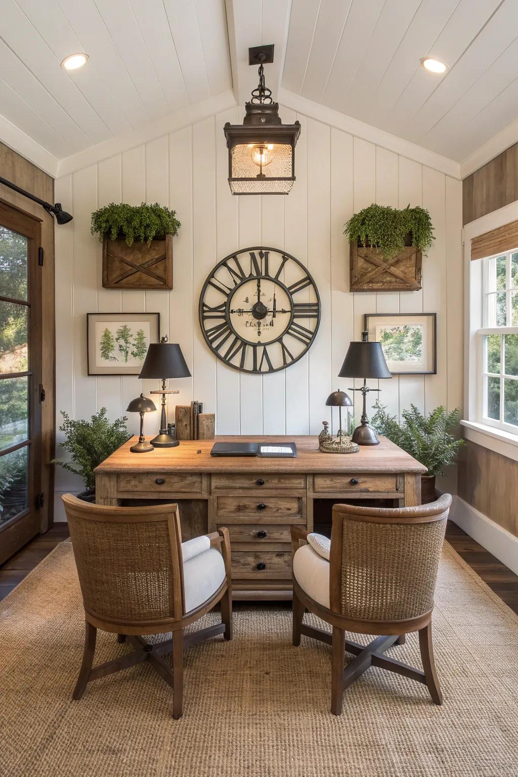A like layout brings style to your farmhouse office. 📚 #Symmetry #OfficeDesign