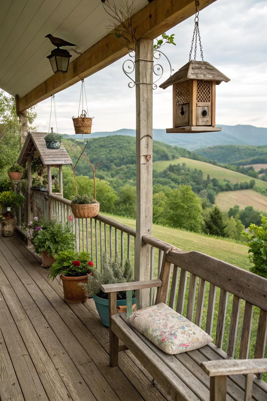 Bird feeders invite nature's beauty to this rustic farmhouse porch.