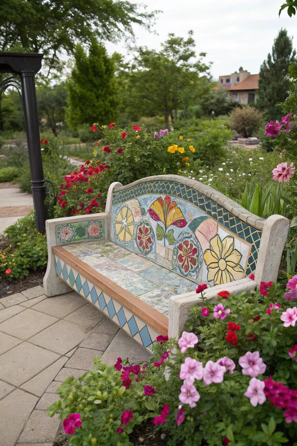 A garden bench adorned with a beautiful mosaic pattern.