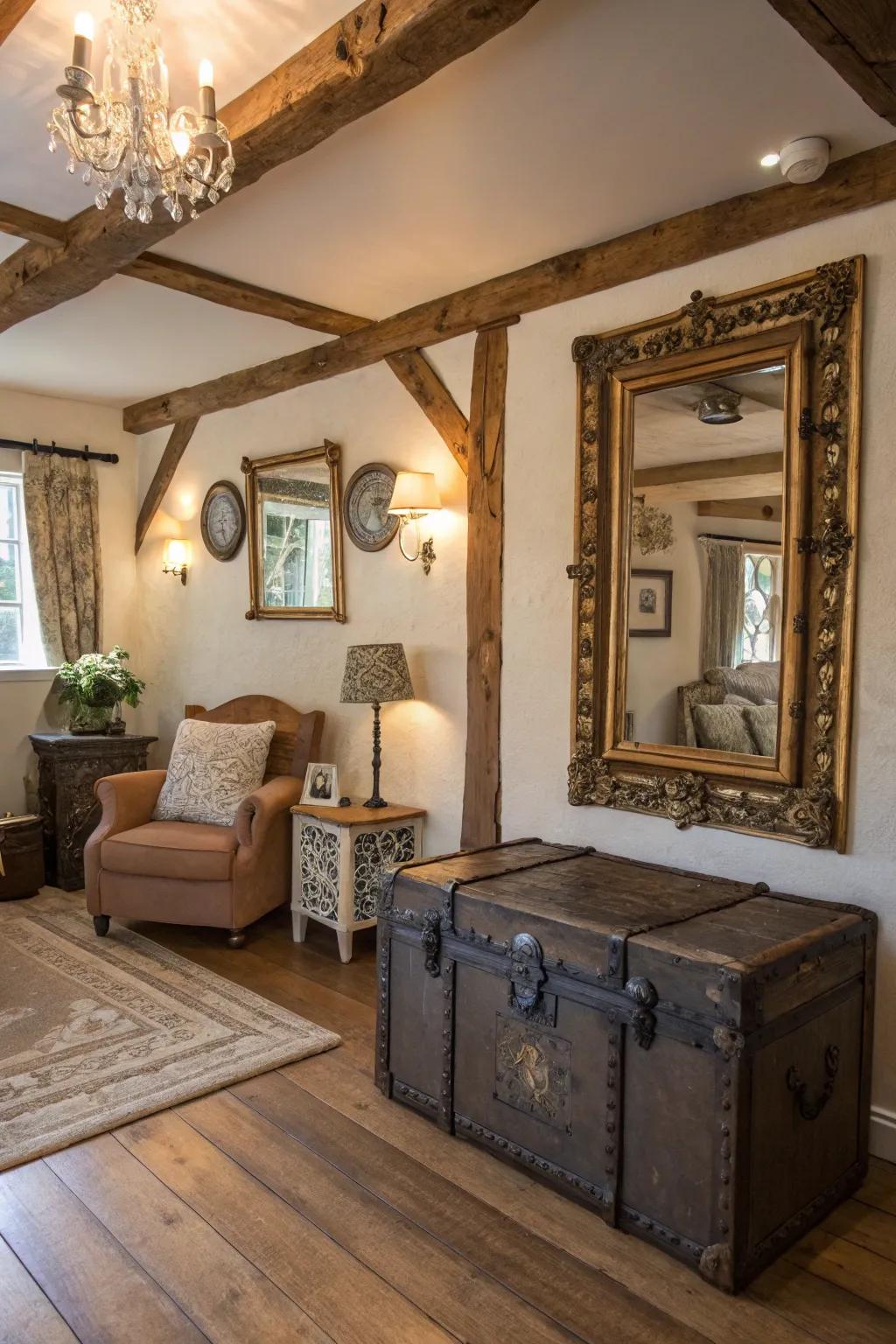 Vintage finds add timeless charm to rustic interiors.