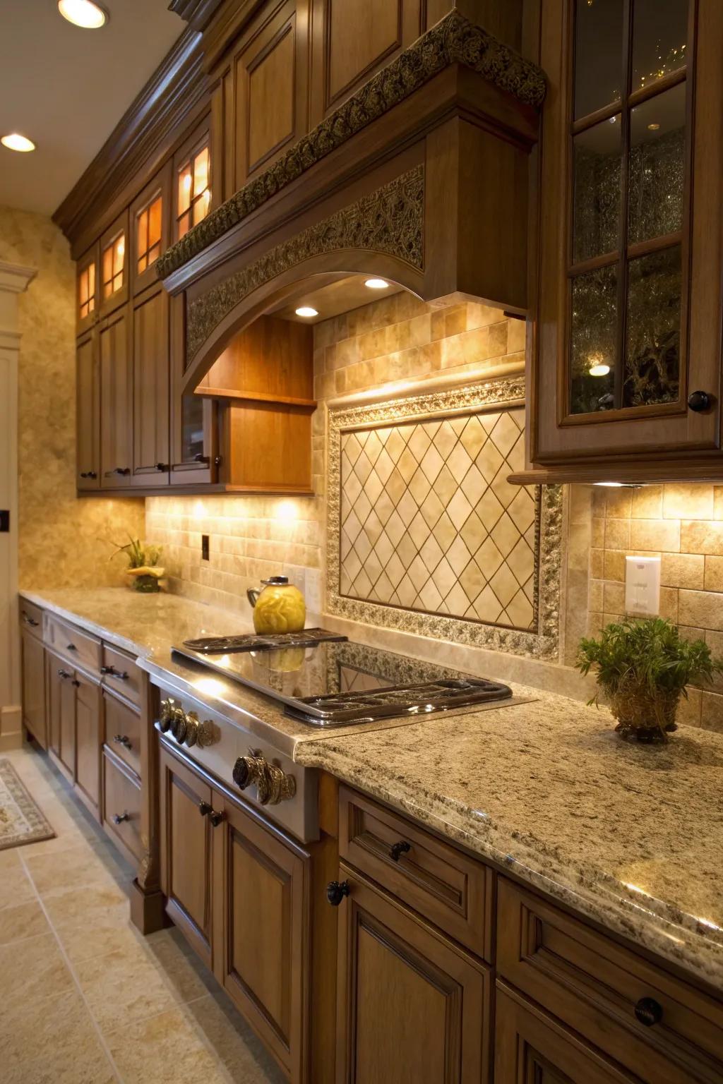 Artisanal tiles add charm and depth to the cooking area.