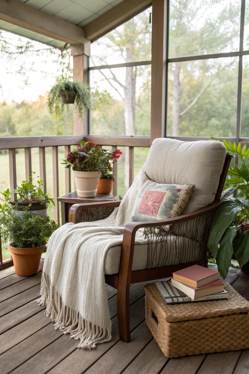 A reading nook offers a cozy retreat on the porch.
