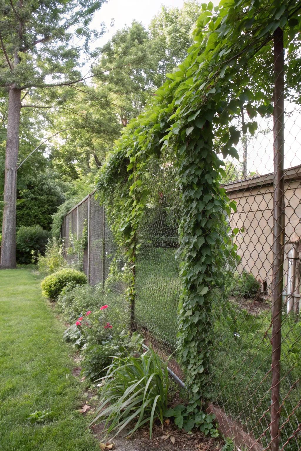 Wire weave supports climbing vines, establishing a lush, flourishing seclusion display within this vibrant garden.