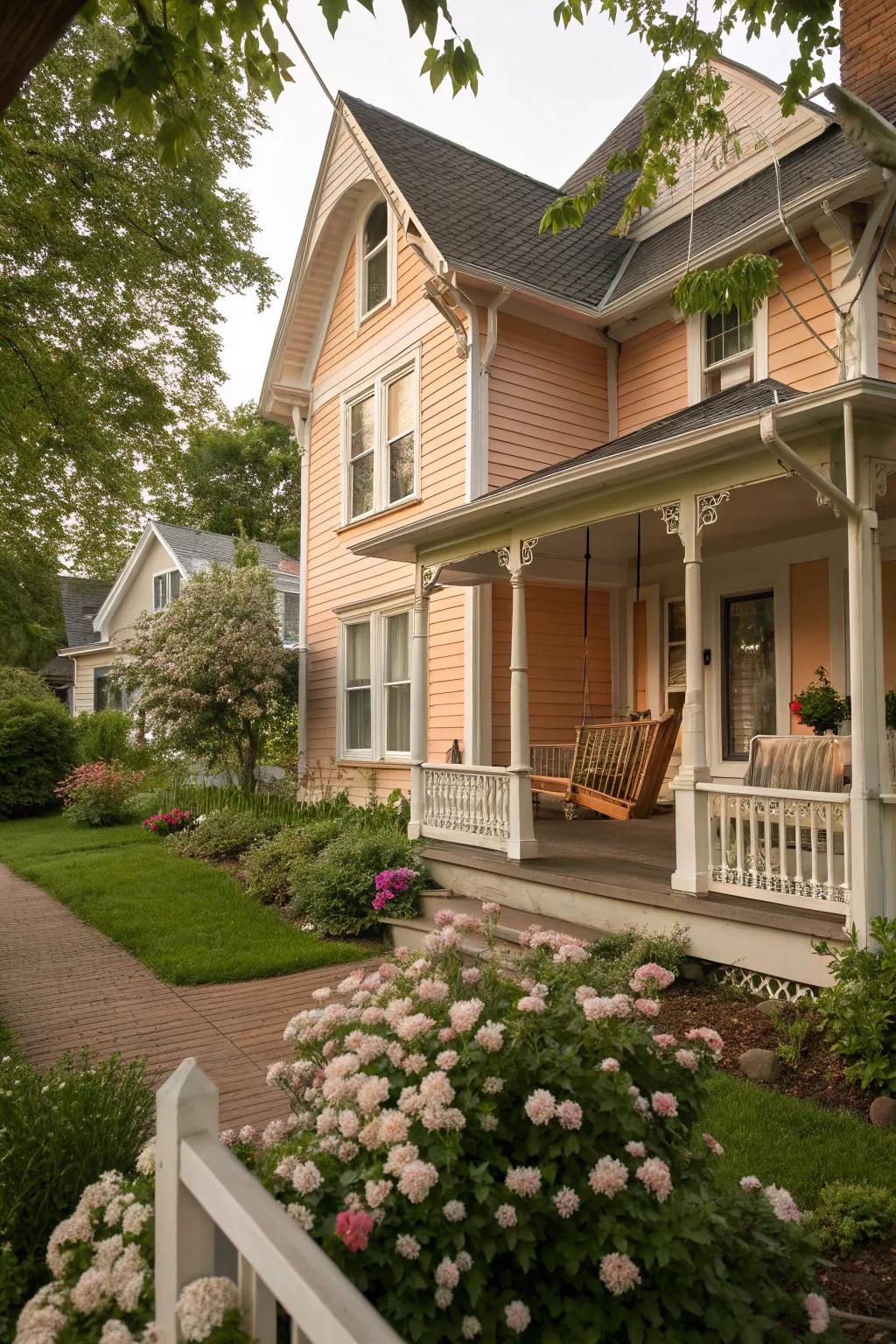 Vintage peach siding for a warm and nostalgic home exterior.
