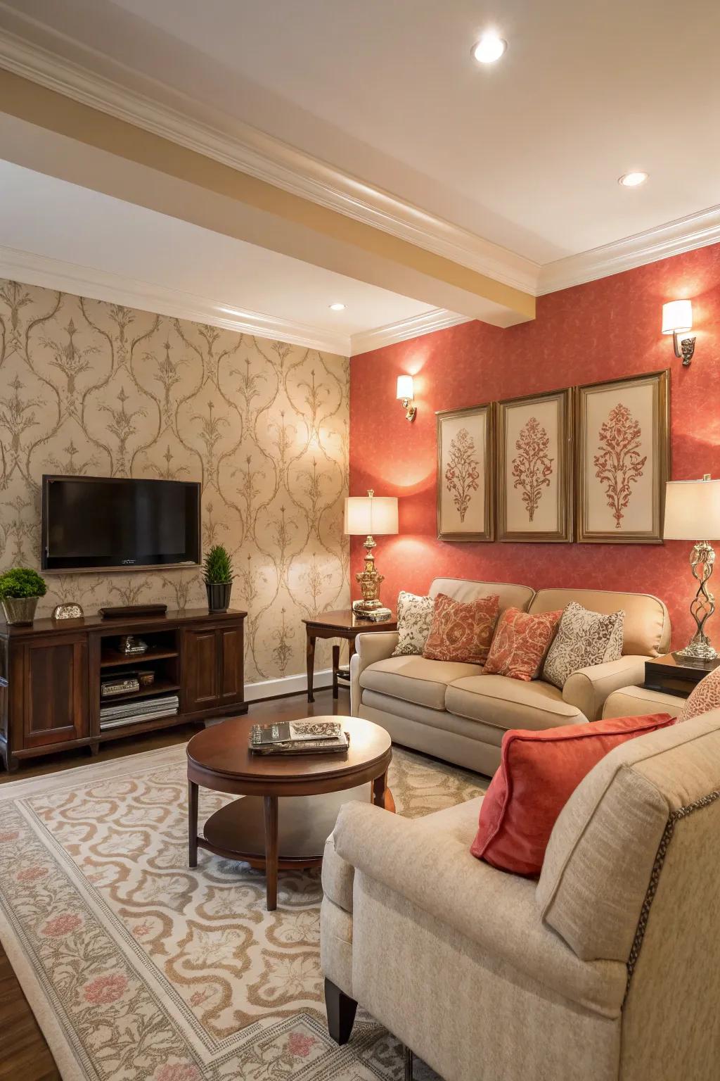 An accent wall adds depth and character to the living room.