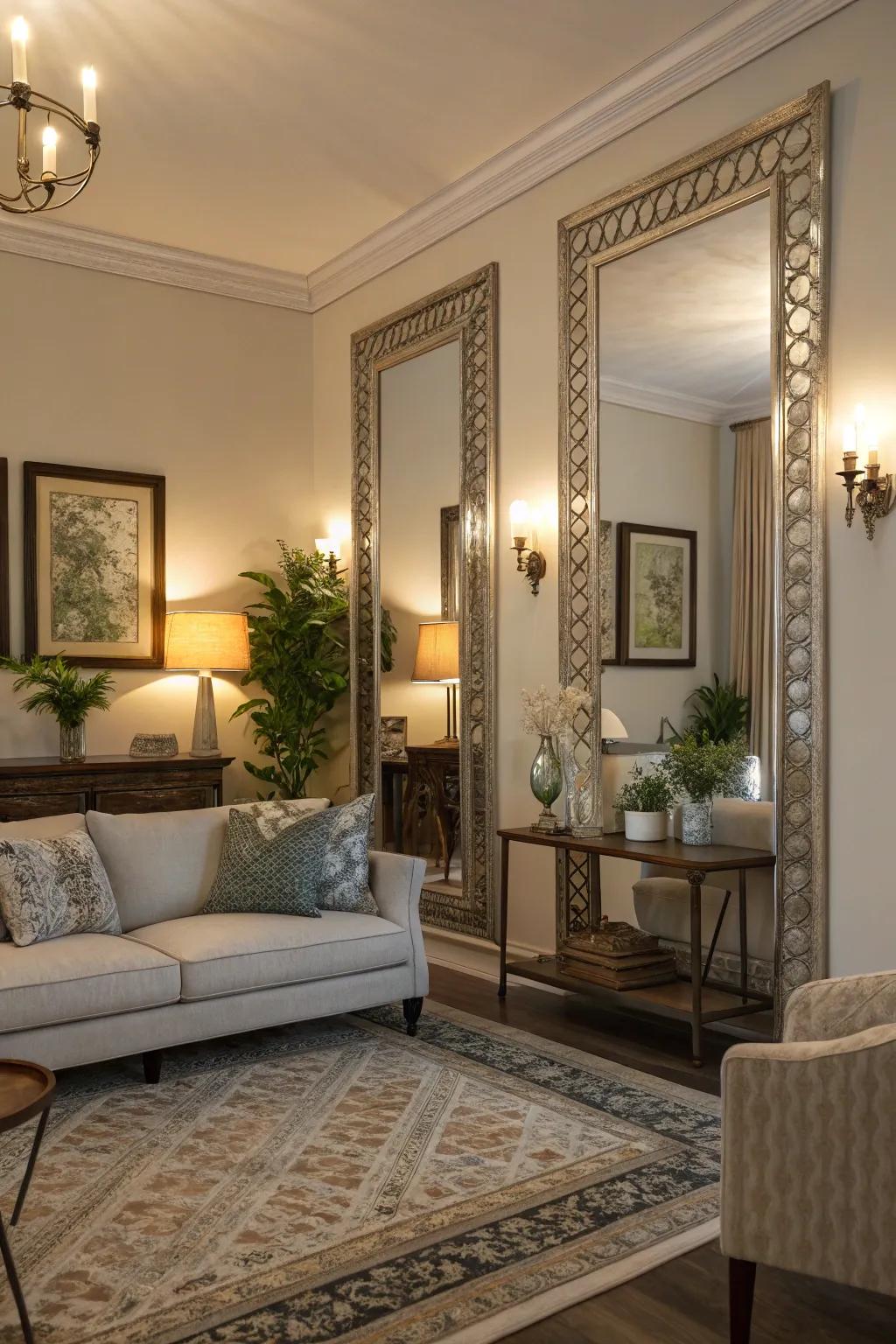 Expand your Sims 4 living room with the strategic use of mirrors.