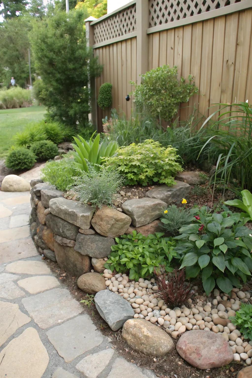 A mini rock wall adds dimension to this corner garden.