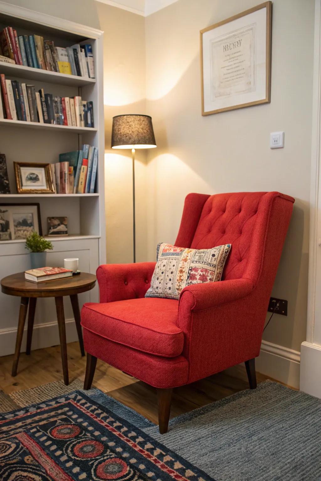 A pop of color adds personality to the den.