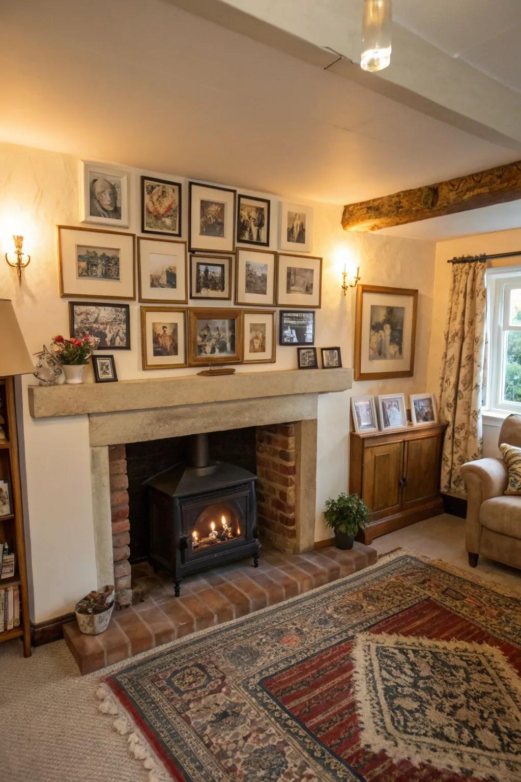 Layered picture frames add depth and personal touch to the room.