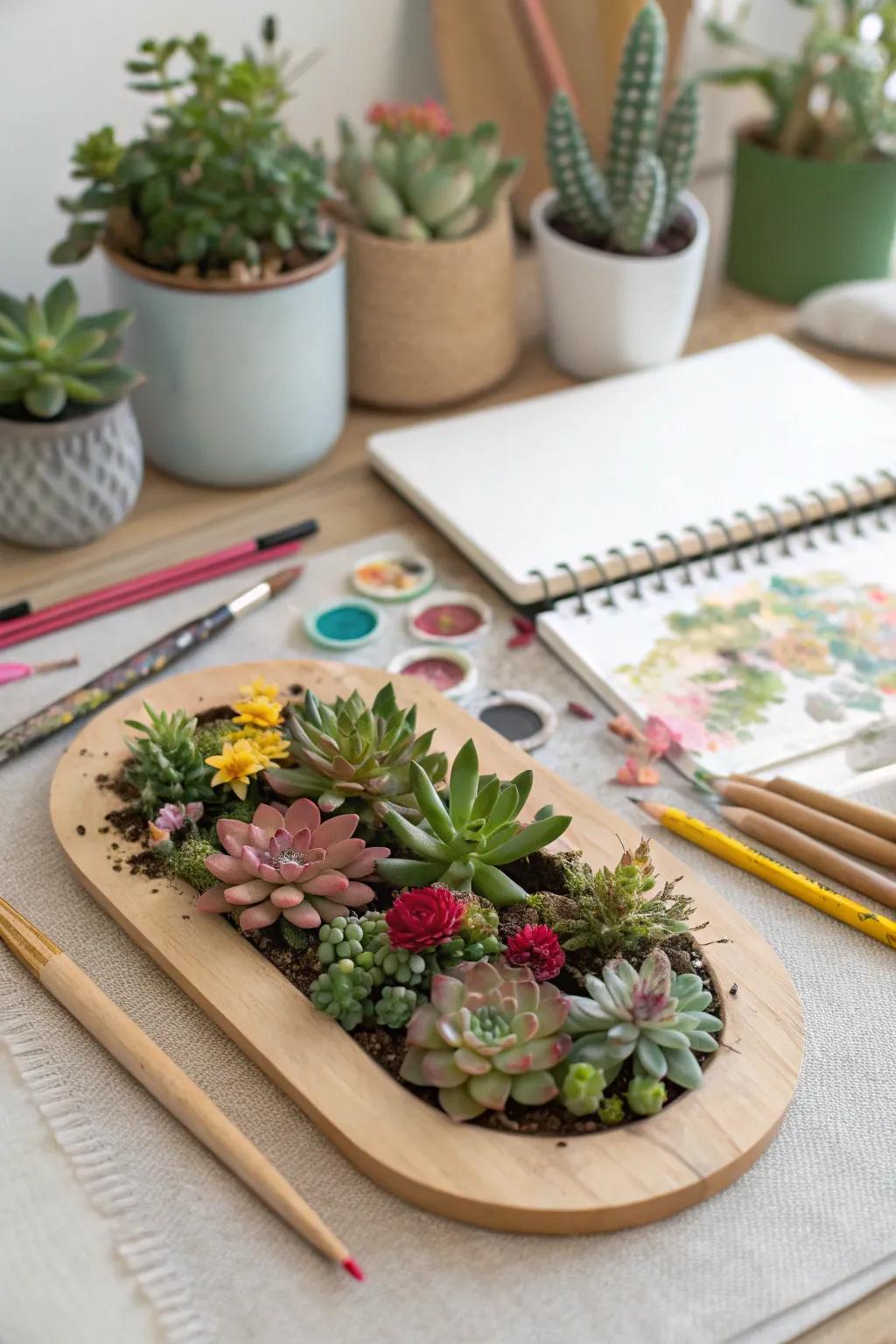 A wooden palette offers a creative base for floral displays.
