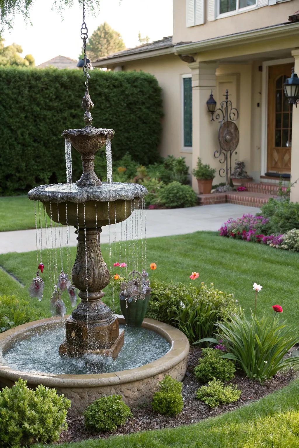 Chiming fountains create a symphony of water and sound.
