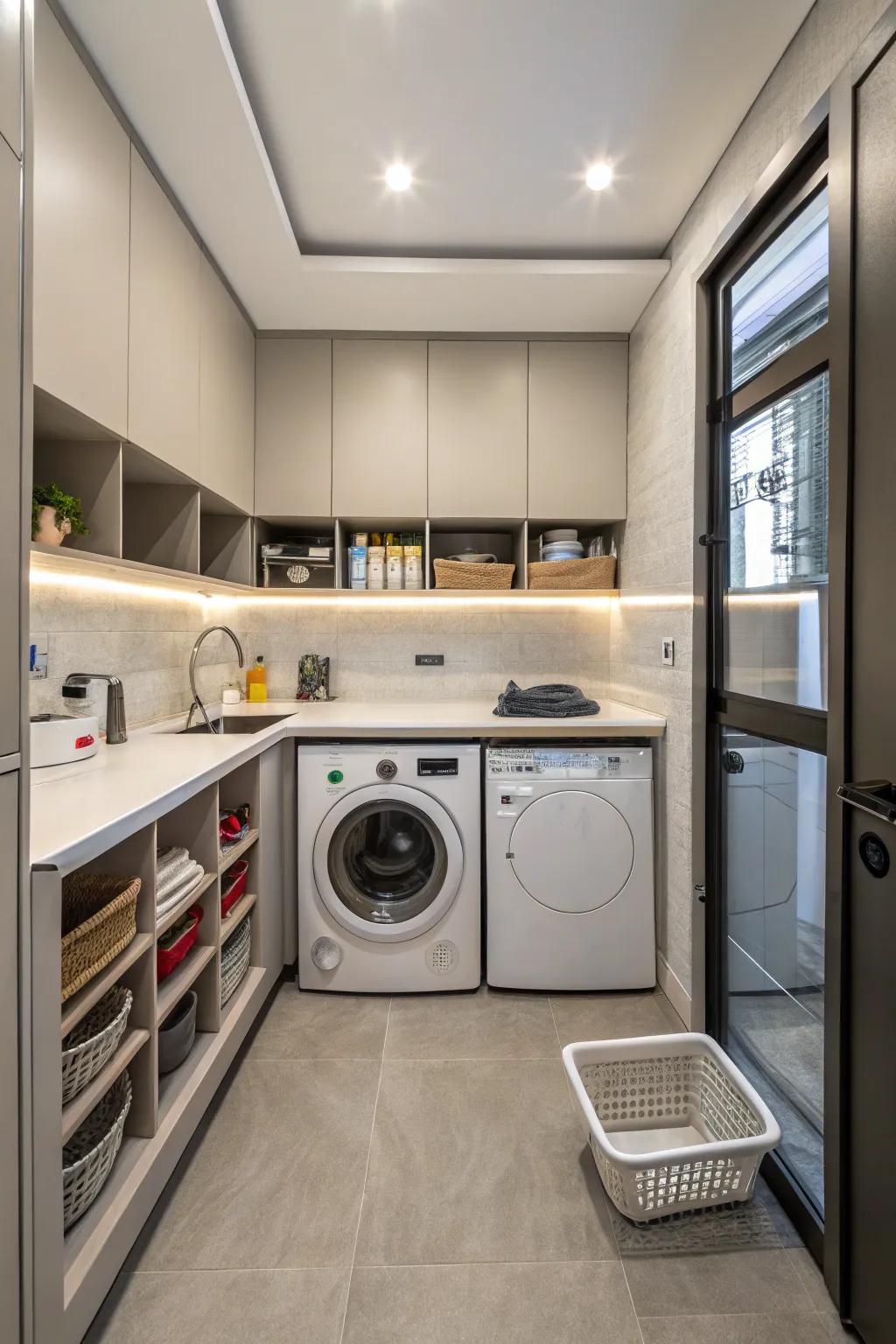 A compact kitchen and laundry layout designed for efficiency.