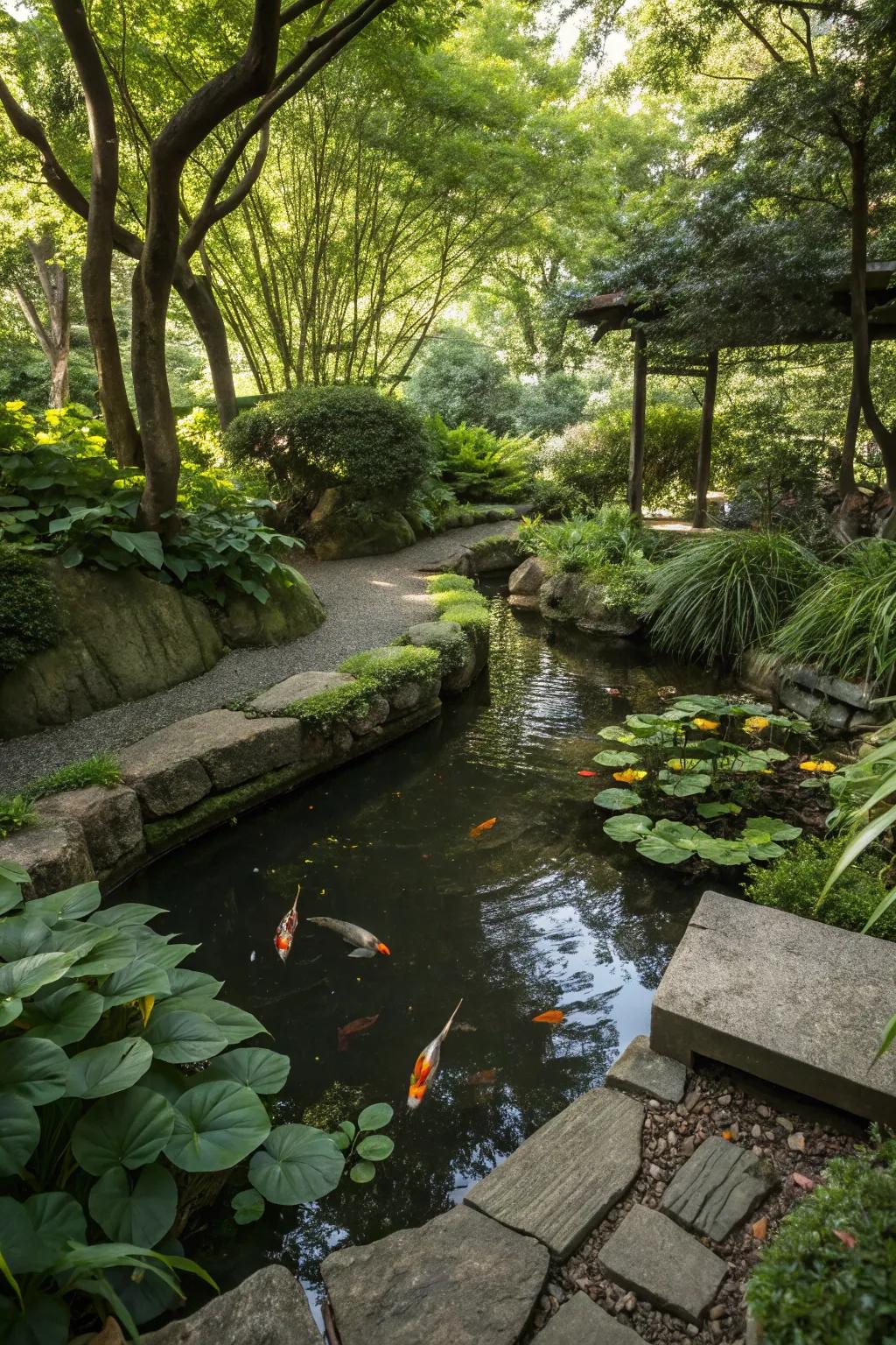 A shaded koi pond garden for cooler waters and happier fish.