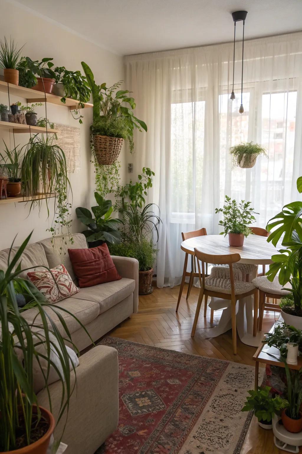 Plants adding life and color to the small combined room.