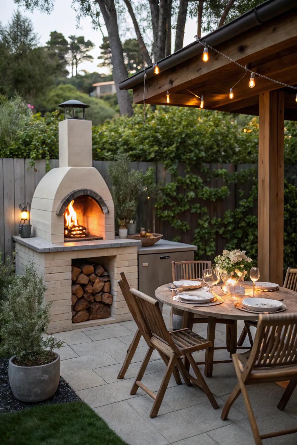 A tabletop fire pit adds warmth and ambiance.