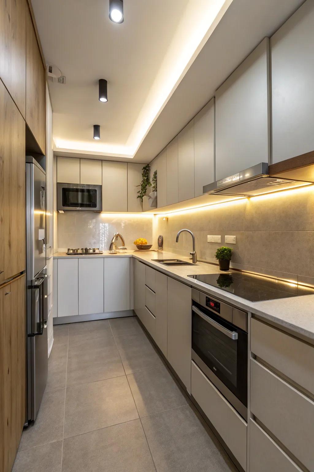 Undercabinet illumination brightens small kitchen workspaces.