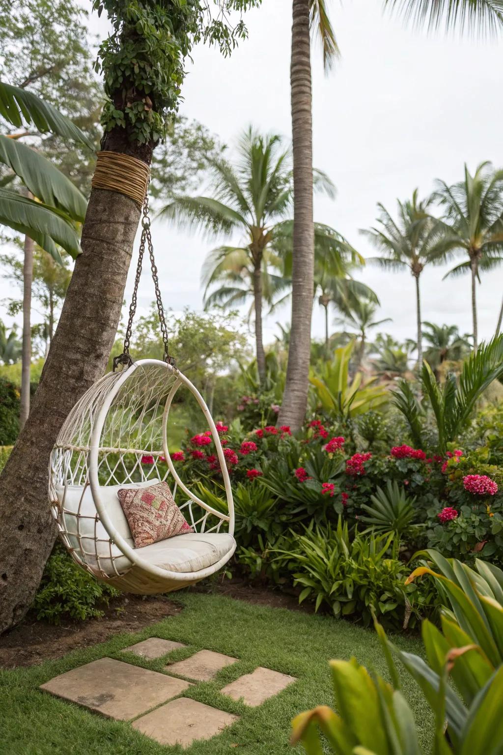 A hanging seat furnishes a perfect vantage point to savor the tropical spectacle.