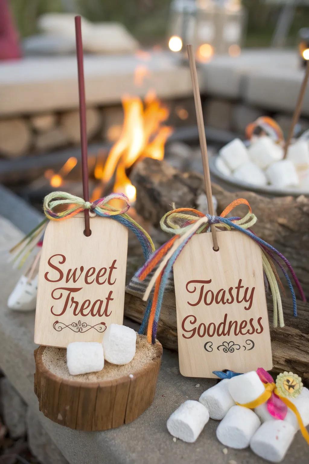 Personalized tags add a unique and thoughtful touch to your s'mores bar.