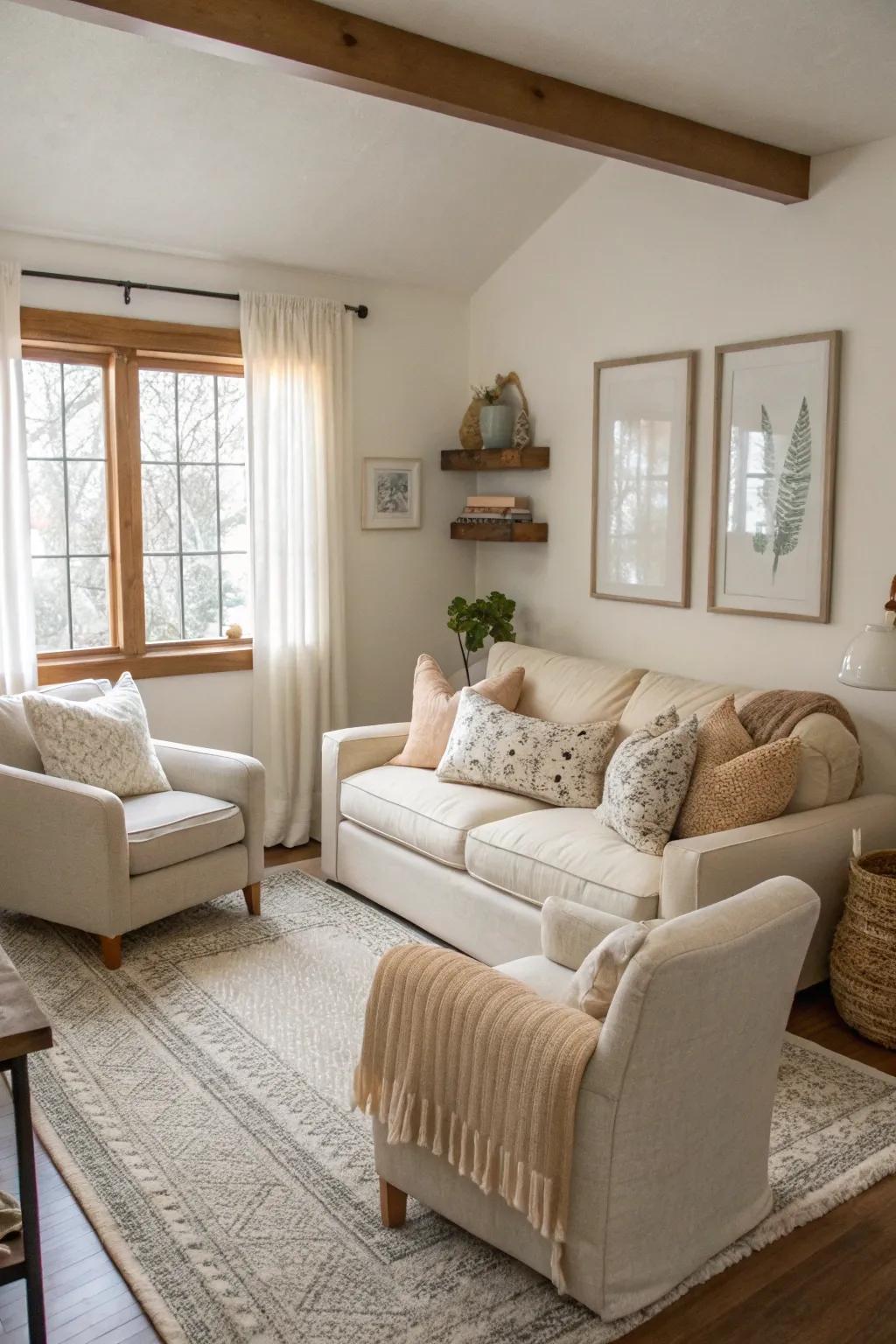 Low-profile seating enhances the spaciousness of a small living room.