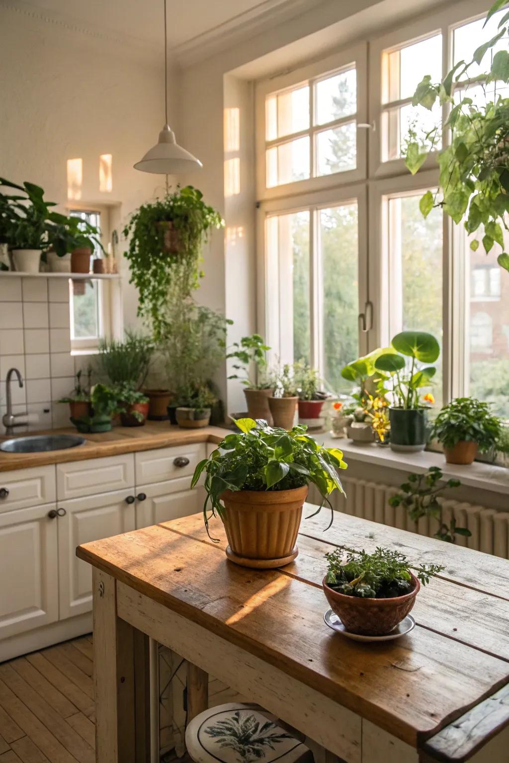 Indoor plants add freshness and life to the kitchen space.
