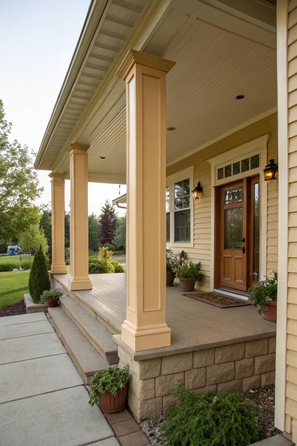 Coordinating colors create a seamless blend between rectangular pillars and the house.