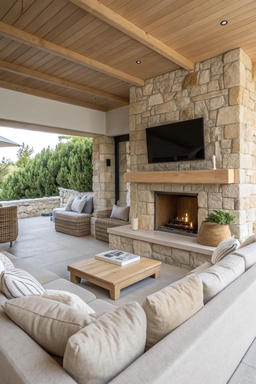 Fashion an alluring haven through inviting seating that enhances your stone hearth.
