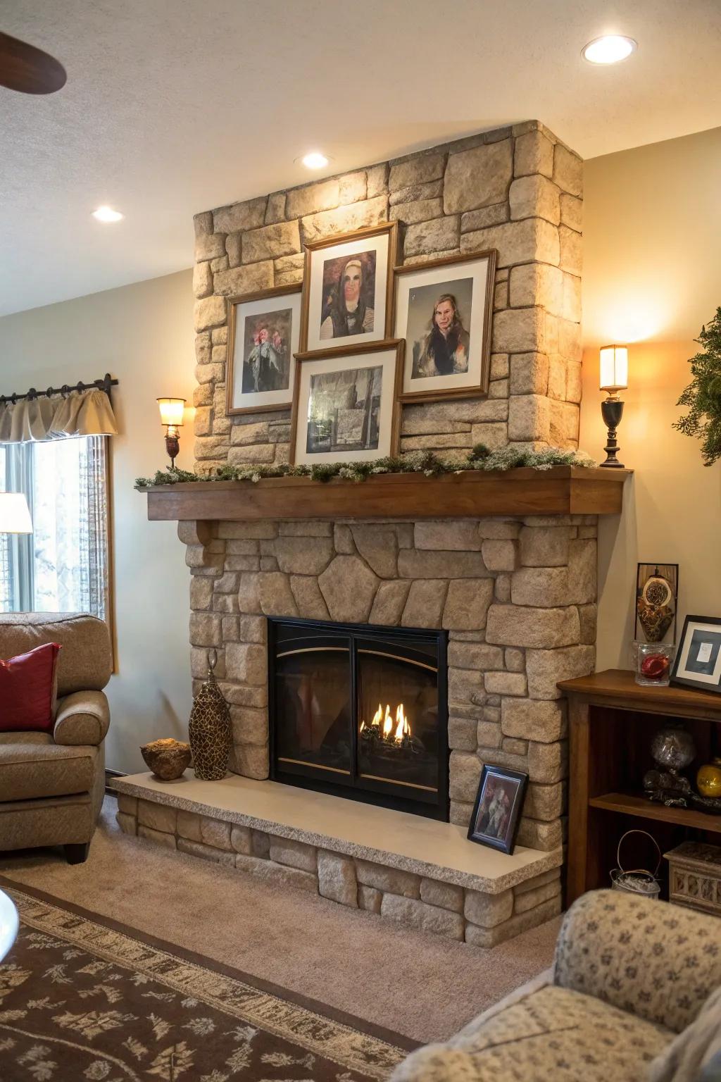 A personalized space featuring a stone fireplace and family photos adding a personal touch.