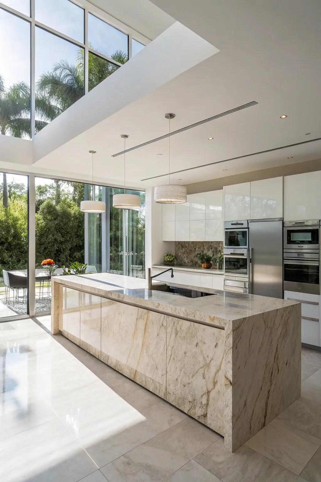 A floating stone kitchen island that exudes modernity and lightness.