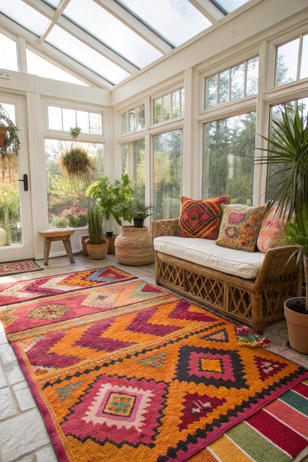 Vibrant floor coverings bring warmth and color to this sunroom.