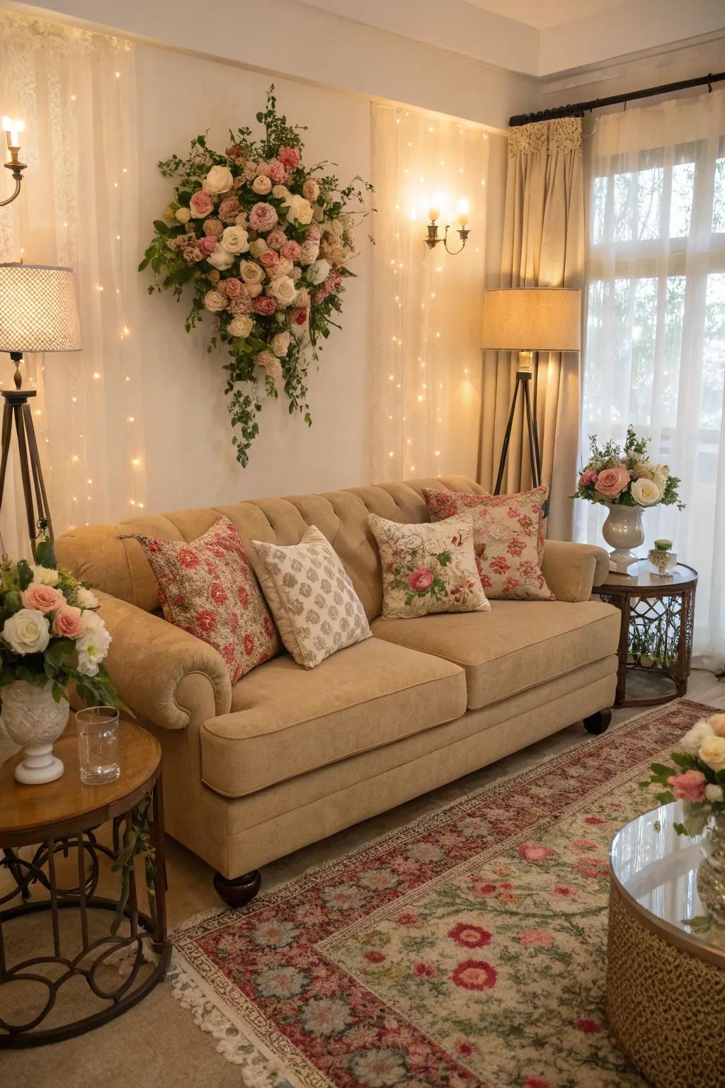 Floral patterns and natural textures bring a fresh feel indoors.