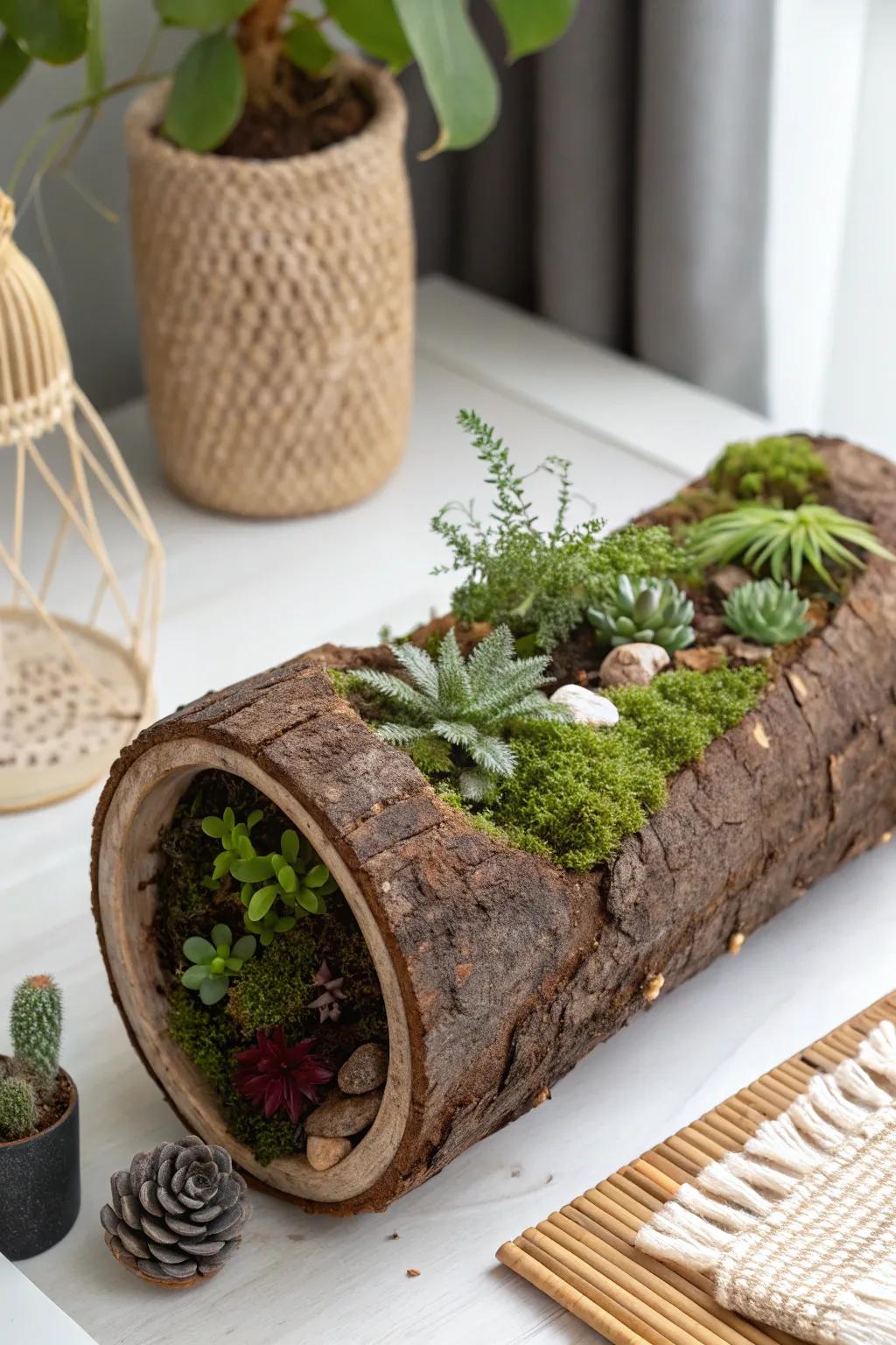 Discover the beauty of nature with a rustic hollow log terrarium, where simplicity meets elegance.