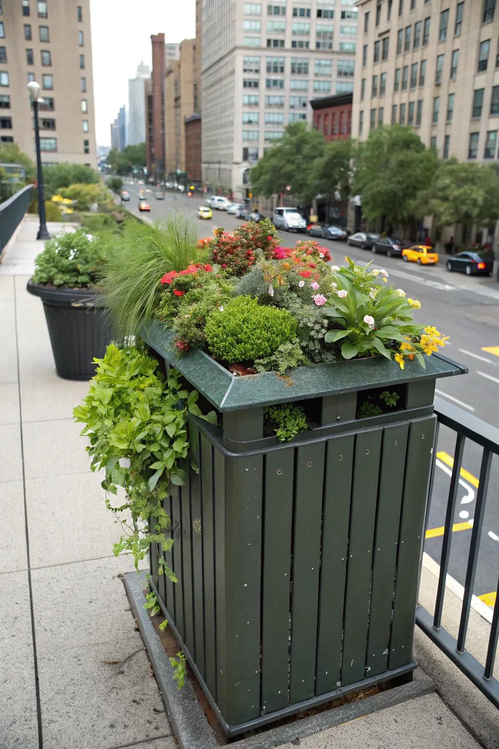 A trash can enclosure featuring a creative roof garden camouflage.