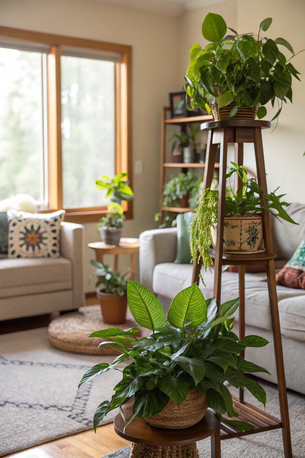 Upcycled plant stands bring greenery and charm to the living room.